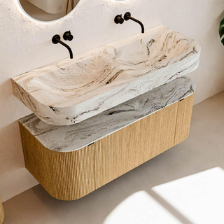 MONDIAZ THOR-DLUX 120cm meuble de salle de bains arrondi gauche + droite couleur Oak avec 1 tiroir et 2 portes. Vasque suspendue CLOUD Double sans trou de robinet couleur Glace.
