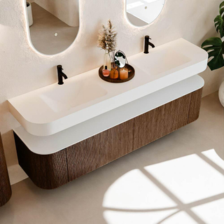 MONDIAZ THOR Meuble de salle de bains 190cm arrondi gauche + droite couleur Walnut avec 2 tiroirs et 2 portes. Vasque suspendue CLOUD Double 2 trous de robinet couleur Talc.