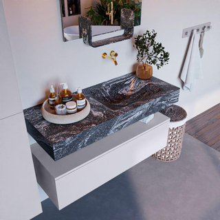 Mondiaz ALAN-DLUX Ensemble de meuble - 110cm - meuble Cale mat - 1 tiroir - Lavabo Cloud Lava suspendu - vasque Droite - 0 trous de robinet