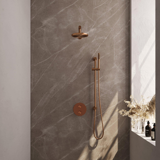 BRAUER Douche à effet pluie thermostatique encastrée en cuivre - 3 voies - rond - ensemble 85 - douche principale de 20 cm - bras mural droit - douchette à main - flexible de douche - barre de douche intégrée - cuivre brossé PVD