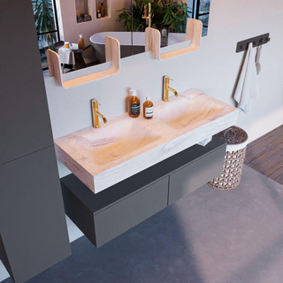 Mondiaz ALAN-DLUX Ensemble de meuble - 120cm - meuble - Plata mat - 2 tiroirs - Lavabo Cloud Ostra suspendu - vasque gauche et droite - 2 trous de robinet - Beige