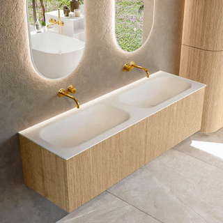 MONDIAZ KURVE 150cm Meuble salle de bain - couleur Oak - 2 tiroirs - vasque BIG SMALL double - sans trous de robinet - Talc