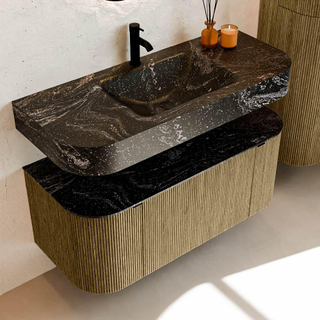 MONDIAZ THOR-DLUX Meuble de salle de bains 110cm arrondi gauche + droite couleur Dusk avec 1 tiroir et 2 portes. Vasque suspendue CLOUD Milieu 1 trou de robinet couleur Lava.