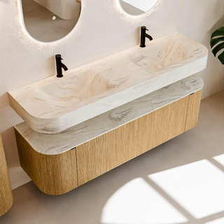 MONDIAZ THOR-DLUX 160cm meuble de salle de bains arrondi gauche + droite couleur Oak avec 1 tiroir et 2 portes. Vasque suspendue CLOUD Double 2 trous de robinet couleur Ostra.