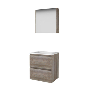Basic-Line Comfort 46 ensemble de meubles de salle de bain 60x46cm sans poignée 2 tiroirs lavabo acrylique 1 trou de robinetterie armoire de toilette mfc scotch oak