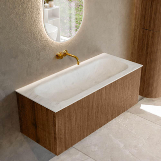 MONDIAZ KURVE-DLUX 110cm Meuble salle de bain - couleur Walnut - 1 tiroir - vasque BIG MEDIUM centre - sans trou de robinet - couleur Opalo