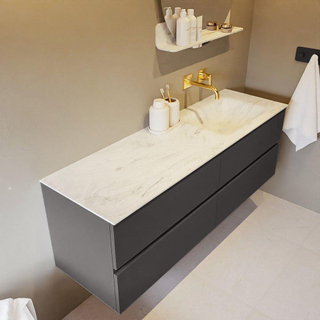 Mondiaz VICA-DLUX ensemble de meuble de salle de bain - 150cm - meuble sous-vasque gris foncé - 4 tiroirs - lavabo encastré cloud droite - sans trous de robinet - version haute de 60cm - opalo