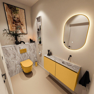 MONDIAZ TURE-DLUX Meuble toilette - 100cm - Ocher - EDEN - vasque Glace - position droite - sans trou de robinet