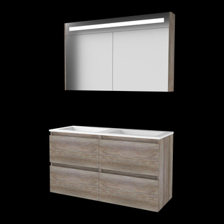 Basic-Line Premium 46 ensemble de meubles de salle de bain 120x46cm sans poignée 4 tiroirs lavabo acrylique 0 trous de robinetterie armoire de toilette éclairage led intégré mfc scotch oak