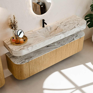 MONDIAZ THOR-DLUX 180cm meuble de salle de bains arrondi gauche + droite couleur Oak avec 2 tiroirs et 2 portes. Vasque suspendue CLOUD Milieu 1 trou de robinet couleur Glace.