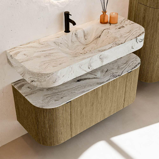 MONDIAZ THOR-DLUX Meuble de salle de bains 110cm arrondi gauche + droite couleur Dusk avec 1 tiroir et 2 portes. Vasque suspendue CLOUD Milieu 1 trou de robinet couleur Glace.