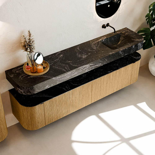 MONDIAZ THOR-DLUX 200cm meuble de salle de bains arrondi gauche + droite couleur Chêne avec 2 tiroirs et 2 portes. Vasque suspendue CLOUD Droite sans trou de robinet couleur Lava.