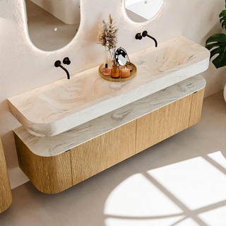 MONDIAZ THOR-DLUX 180cm meuble de salle de bains arrondi gauche + droite couleur Chêne avec 2 tiroirs et 2 portes. Vasque suspendue CLOUD Double sans trou de robinet couleur Ostra.