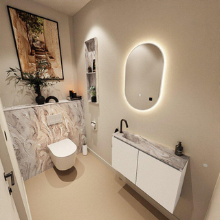 MONDIAZ TURE-DLUX Meuble toilette - 80cm - Talc - EDEN - vasque Glace - position gauche - 1 trou de robinet