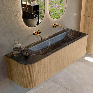 MONDIAZ KURVE-DLUX 145cm Meuble salle de bain avec module 25 G - couleur Oak - 1 tiroir - 1 porte - vasque BIG LARGE droite - sans trou de robinet - couleur Lava