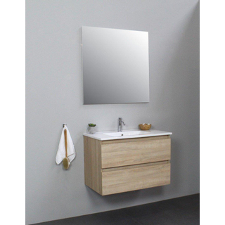 Basic Bella Meuble lavabo céramique avec 1 trou de robinet avec miroir 80x55x46cm Flat Pack Chêne