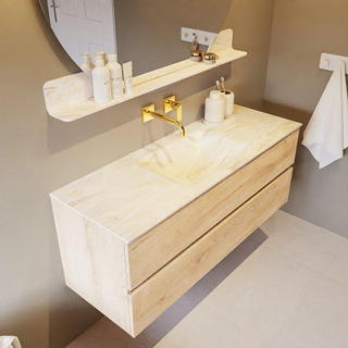 Mondiaz VICA-DLUX ensemble de meuble de salle de bain - 130cm - meuble sous-vasque chêne blanchi - 2 tiroirs - lavabo encastré cloud milieu - sans trous de robinet - miroir modèle spot - version XL 60cm de haut - ostra