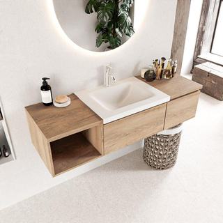 MONDIAZ BUKLA 140cm badmeubel met open module 40 links kleur Washed Oak met 2 lades. Wastafel CLOUD midden 1 kraangat kleur Talc.