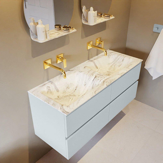 Mondiaz VICA-DLUX ensemble de meuble de salle de bain - 120cm - meuble sous-vasque argile - 4 tiroirs - lavabo encastré nuage double - sans trous de robinet - version haute de 60cm - glace