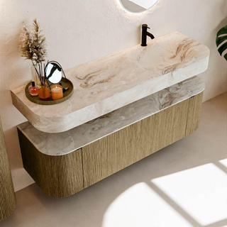 MONDIAZ THOR-DLUX 150cm meuble de salle de bains arrondi gauche + droite couleur Dusk avec 1 tiroir et 2 portes. Vasque suspendue CLOUD Droite 1 trou de robinet couleur Frappe.