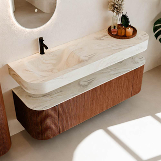 MONDIAZ THOR-DLUX 150cm meuble de salle de bains arrondi gauche + droite couleur Ruby avec 1 tiroir et 2 portes. Vasque suspendue CLOUD Gauche 1 trou de robinet couleur Ostra.