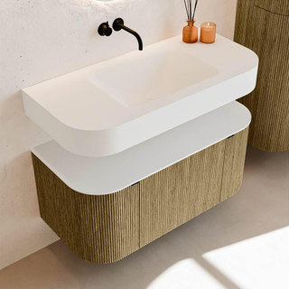 MONDIAZ THOR 100cm meuble de salle de bains arrondi gauche + droite couleur Dusk avec 1 tiroir et 2 portes. Vasque suspendue CLOUD Centre sans trou de robinet couleur Talc.