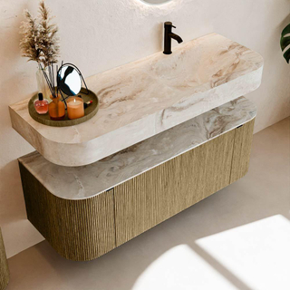 MONDIAZ THOR-DLUX Meuble de salle de bains 130cm arrondi gauche + droite couleur Dusk avec 1 tiroir et 2 portes. Vasque suspendue CLOUD Droite 1 trou de robinet couleur Frappe.