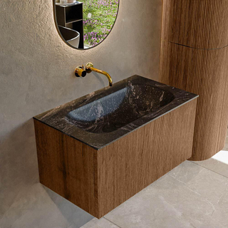 MONDIAZ KURVE-DLUX 80cm Meuble salle de bain - couleur Walnut - 1 tiroir - vasque BIG SMALL centre - sans trou de robinet - couleur Lava