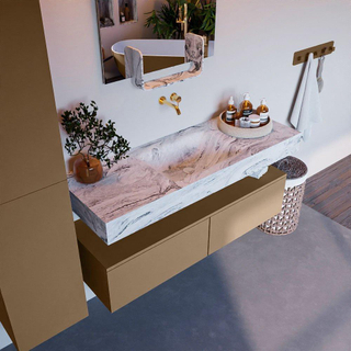 Mondiaz ALAN-DLUX Ensemble de meuble - 130cm - meuble Oro mat - 2 tiroirs - Lavabo Cloud Glace suspendu - vasque Centre - 0 trous de robinet