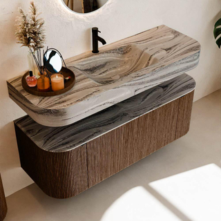 MONDIAZ THOR-DLUX 130cm meuble de salle de bains arrondi gauche + droite couleur Walnut avec 1 tiroir et 2 portes. Vasque suspendue CLOUD Milieu 1 trou de robinet couleur Sombra.