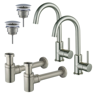 FortiFura Calvi Kit robinet lavabo - pour double vasque - robinet haut - bec rotatif - bonde non-obturable - siphon design bas - Inox brossé PVD