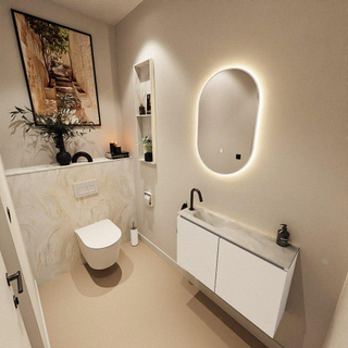 MONDIAZ TURE-DLUX Meuble toilette - 80cm - Talc - EDEN - vasque Ostra - position gauche - 1 trou de robinet
