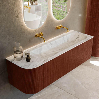 Mondiaz KURVE-DLUX Ensemble de meuble salle de bain - 145x46x40cm - 1 tiroir - 1 porte - lavabo en solid surface - droite - sans trou de robinet - Ruby