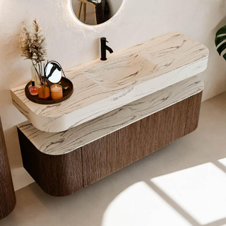 MONDIAZ THOR-DLUX 150cm meuble de salle de bains arrondi gauche + droite couleur Walnut avec 1 tiroir et 2 portes. Vasque suspendue CLOUD Milieu 1 trou de robinet couleur Nata.