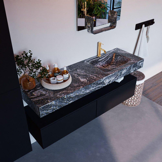 Mondiaz ALAN-DLUX Ensemble de meuble - 150cm - meuble - Urban mat - 2 tiroirs - Lavabo Cloud Lava suspendu - vasque droite - 1 trou de robinet - Noir
