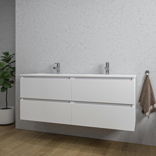 Adema Chaci Badkameronderkast - 140cm - 4 lades - greeploos - wit keramieke wastafel - overloop - 2 wasbakken - 2 kraangaten - mat wit