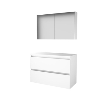 Basic-Line Comfort 46 ensemble de meubles de salle de bain 100x46cm sans poignée 2 tiroirs plan vasque miroir armoire mdf laqué blanc glacier