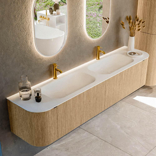 MONDIAZ KURVE 200cm Meuble salle de bain avec module 25 G et D - couleur Oak - 2 tiroirs - 2 portes - vasque BIG SMALL double - 2 trous de robinet - Talc