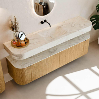 MONDIAZ THOR-DLUX 180cm meuble de salle de bains arrondi gauche + droite couleur Chêne avec 2 tiroirs et 2 portes. Vasque suspendue CLOUD Milieu sans trou de robinet couleur Ostra.