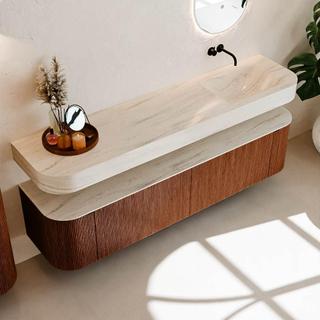 MONDIAZ THOR-DLUX 190cm meuble de salle de bains arrondi gauche + droite couleur Ruby avec 2 tiroirs et 2 portes. Vasque suspendue CLOUD Droite sans trou de robinet couleur Meli.