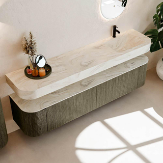 MONDIAZ THOR-DLUX Meuble de salle de bains - 200cm - arrondi gauche + droite - couleur Shadow - 2 tiroirs - 2 portes - Vasque suspendue CLOUD droite 1 trou de robinet couleur Ostra