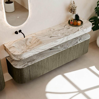 MONDIAZ THOR-DLUX Meuble de salle de bains - 190cm - arrondi gauche + droite - couleur Shadow - 2 tiroirs et 2 portes - Vasque suspendue CLOUD Gauche sans trou de robinet - couleur Glace