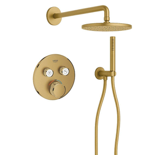 Grohe - Adema Rise Regendoucheset - rond - wandaansluitbocht met handdouchehouder - gladde doucheslang - staafhanddouche - wandarm - 25cm hoofddouche - Grohe SmartControl inbouwthermostaat - brushed cool sunrise