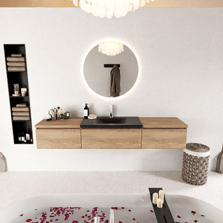 Mondiaz bukla ensemble de meubles de salle de bain 200x45x34cm 1 trou pour robinetterie lavabo moyen surface solide urbaine sans poignée 3 tiroirs avec softclose mélamine chêne lavé