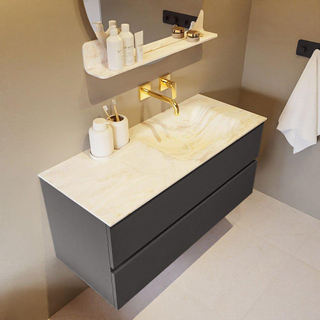 Mondiaz VICA-DLUX ensemble de meuble de salle de bain - 110cm - meuble sous-vasque gris foncé - 2 tiroirs - lavabo encastré cloud droite - sans trous de robinet - version haute de 60cm - ostra