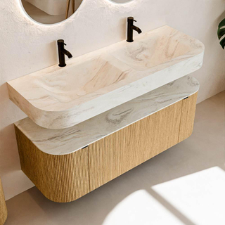 MONDIAZ THOR-DLUX Meuble de salle de bains 130cm arrondi gauche + droite couleur Oak avec 1 tiroir et 2 portes. Vasque suspendue CLOUD Double 2 trous de robinet couleur Ostra.