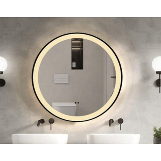 Saniclass Lonato Miroir avec éclairage rond diamètre 100cm avec éclairage LED intégré avec chauffe miroir et interrupteur infrarouge Noir mat