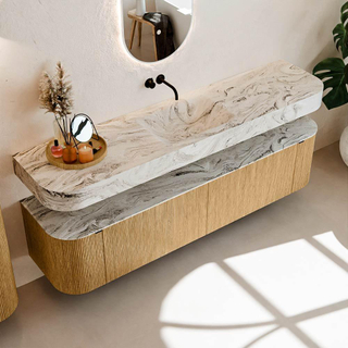 MONDIAZ THOR-DLUX Meuble de salle de bains - 190cm - arrondi gauche + droite - couleur Oak - 2 tiroirs et 2 portes - Vasque suspendue CLOUD Milieu sans trou de robinet - couleur Glace