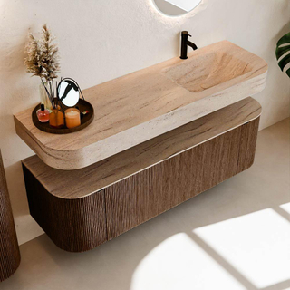 MONDIAZ THOR-DLUX 150cm meuble de salle de bains arrondi gauche + droite couleur Walnut avec 1 tiroir et 2 portes. Vasque suspendue CLOUD Droite 1 trou de robinet couleur Saba.