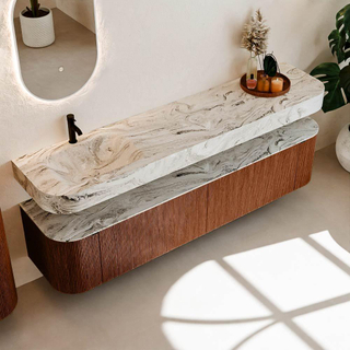 MONDIAZ THOR-DLUX Meuble de salle de bains - 200cm - arrondi gauche + droite - couleur Ruby - 2 tiroirs et 2 portes - Vasque suspendue CLOUD Gauche 1 trou de robinet - couleur Glace